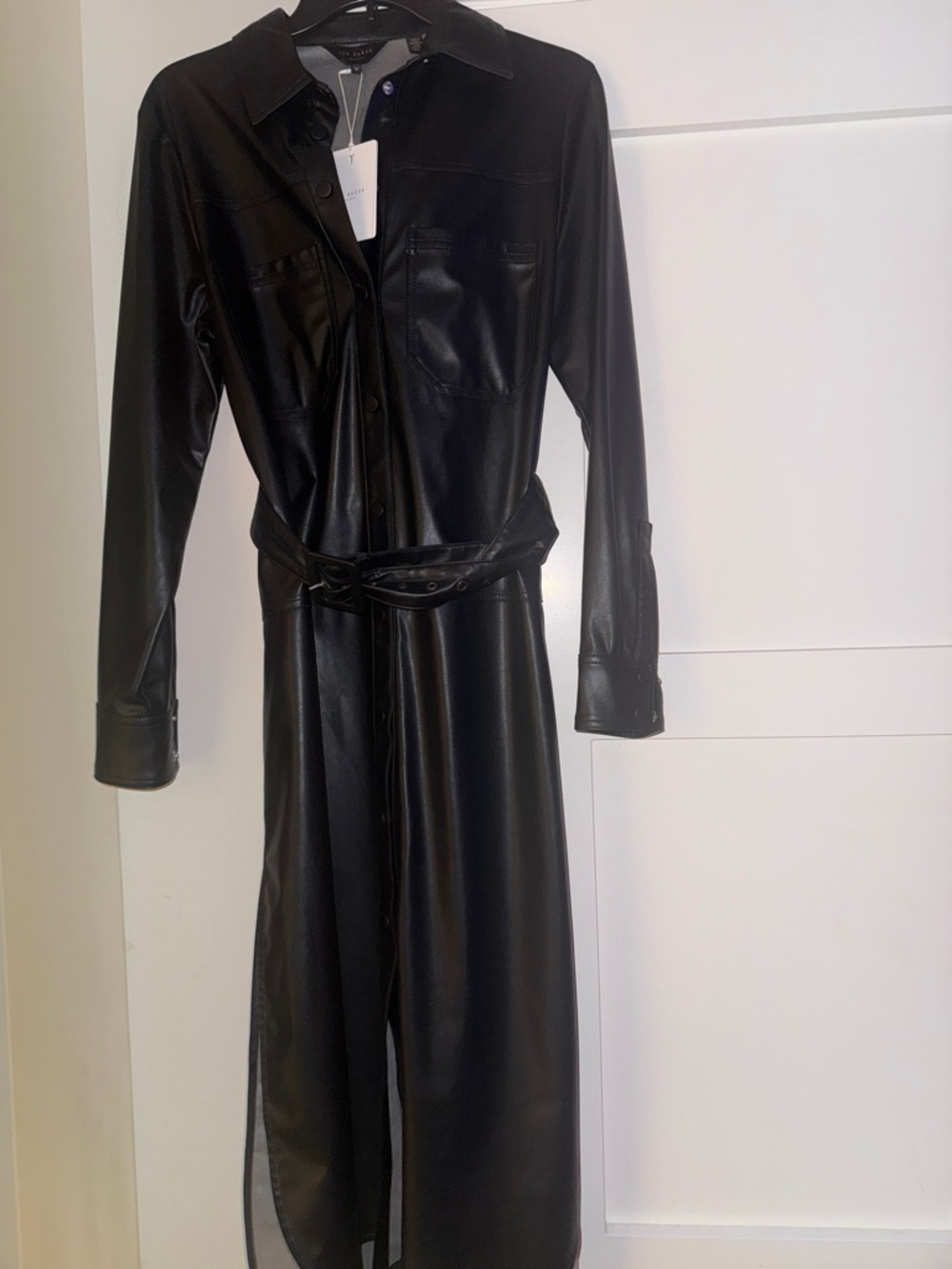 NWT Ted Baker London Black Long Sleeve Faux Leather Shirt Dress with Tie Waist